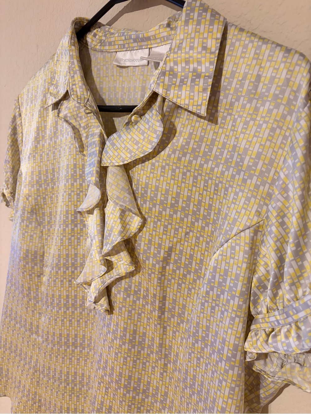 Worthington Light Yellow Patterned Ruffle-Front Blouse - Picture 2 of 5